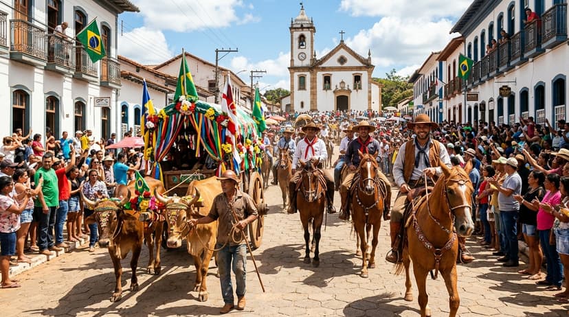 Cavaleiros e carros de boi tradicionais desfilando pelas ruas de Turvânia
